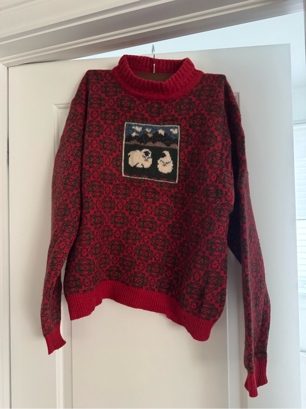 VINTAGE Woolrich Woman M Wool Knit Fair Isle AOP Sheep Sweater Red